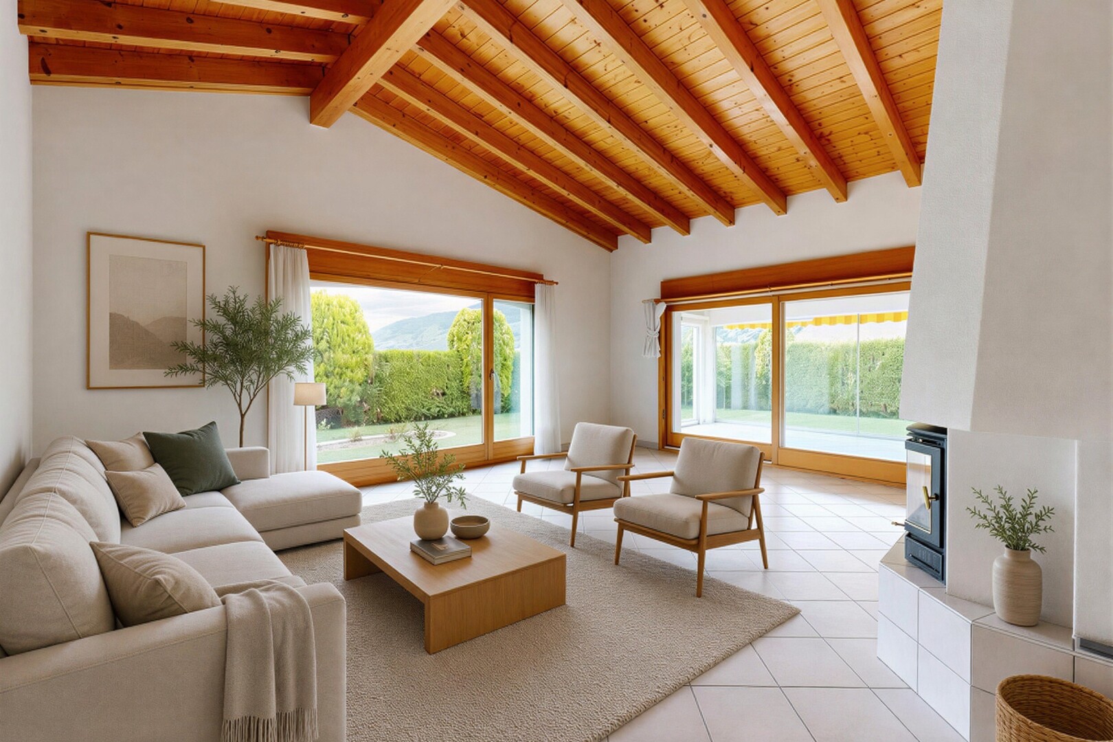 pièce vide avec inside property, light floor, beamed ceiling, plafond à poutres, et natural light