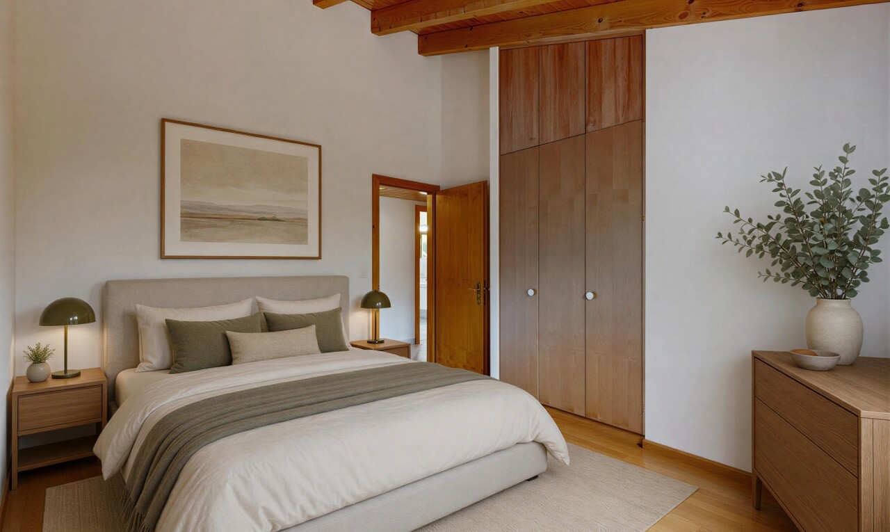 pièce vide avec plafond haut, high ceiling, sol en finition bois, wood finish floor, et plafond à poutres