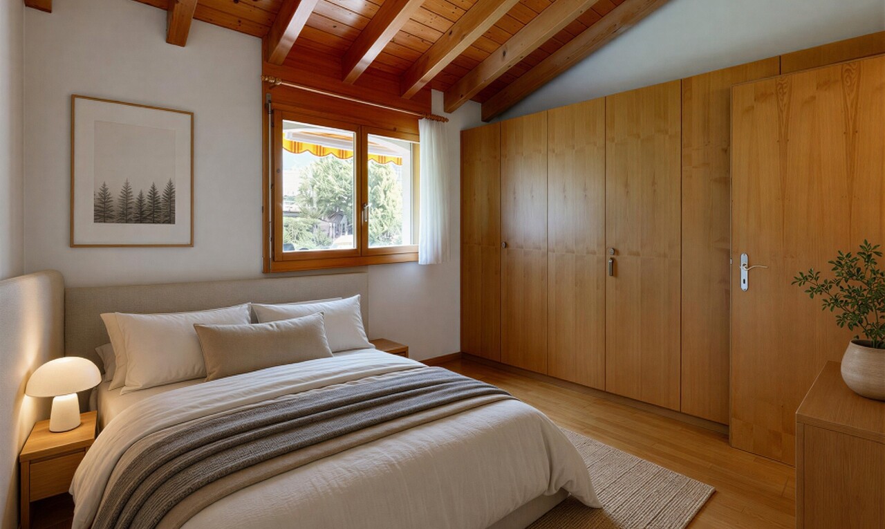 chambre avec inside property, placard, wood finish floor, sol en finition bois, et beamed ceiling