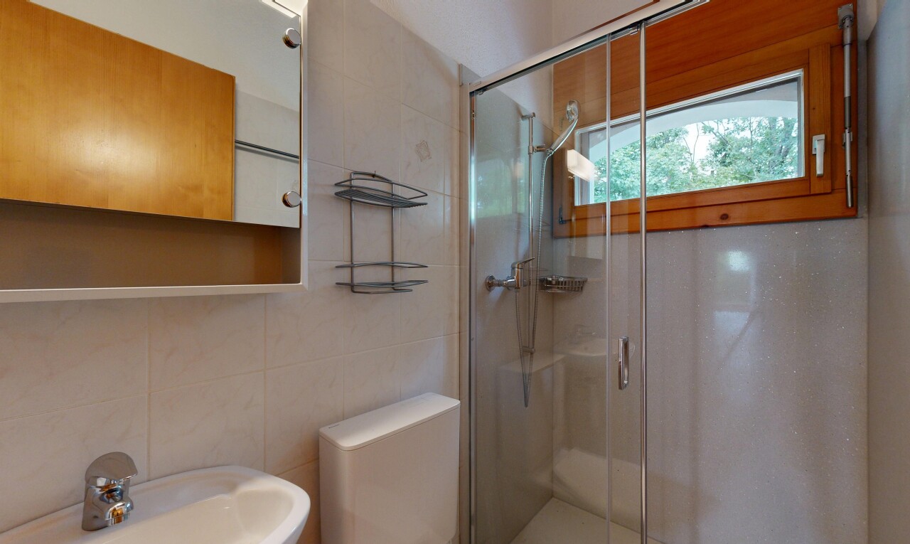 salle de bains avec miroir, douche, natural light, lumière naturelle, et salle de bain complète