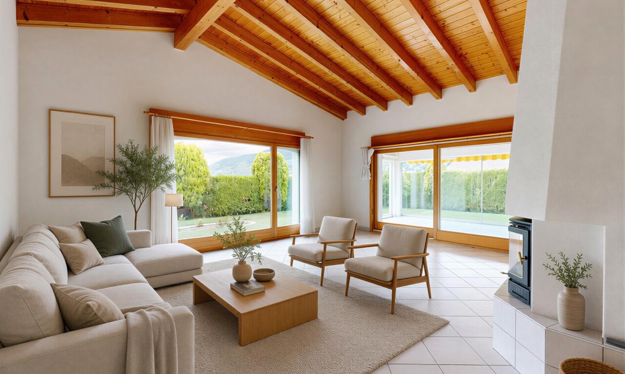 pièce vide avec inside property, light floor, beamed ceiling, plafond à poutres, et natural light
