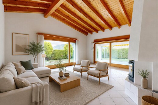 pièce vide avec inside property, light floor, beamed ceiling, plafond à poutres, et natural light