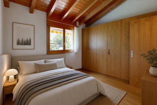 chambre avec inside property, placard, wood finish floor, sol en finition bois, et beamed ceiling