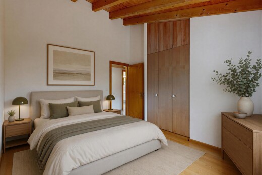 pièce vide avec plafond haut, high ceiling, sol en finition bois, wood finish floor, et plafond à poutres