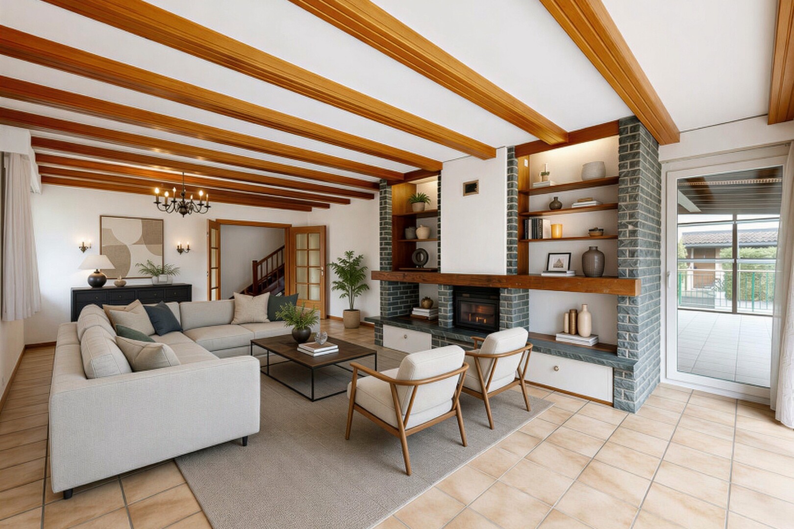 salon avec plafond à poutres, beamed ceiling, high end ceiling, étagères intégrées, et cloison sèche