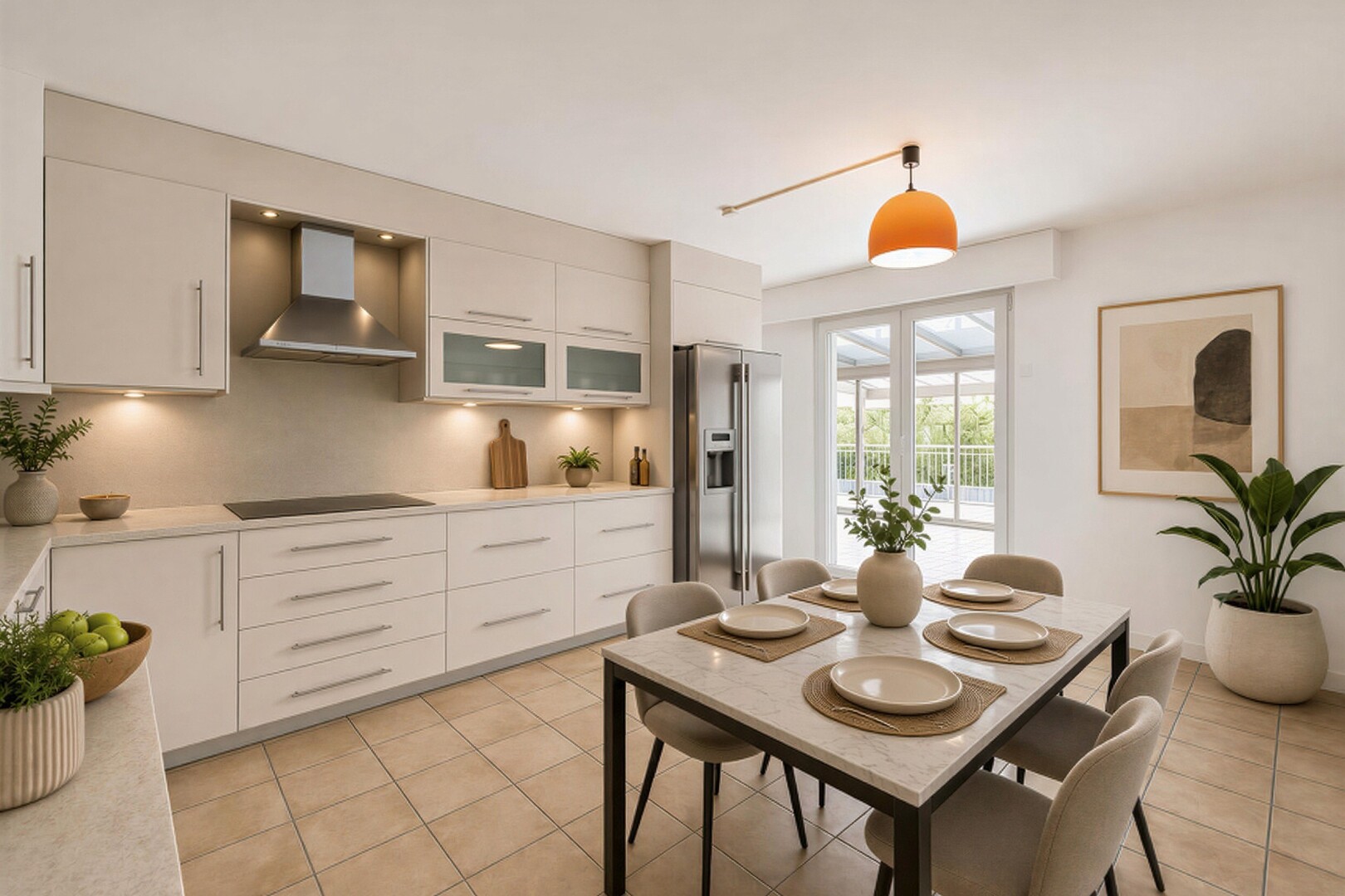 cuisine avec hotte, dark countertops, plans de travail, dosseret, et backsplash