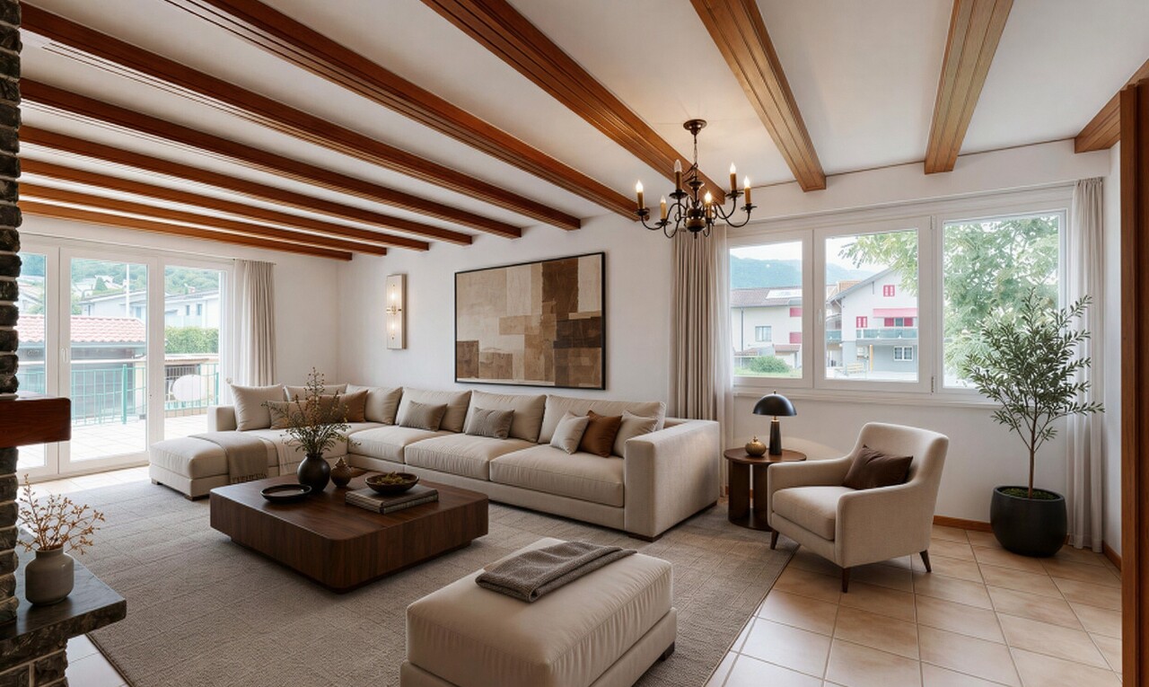 pièce vide avec beamed ceiling, plafond à poutres, high end ceiling, drywall, et cloison sèche