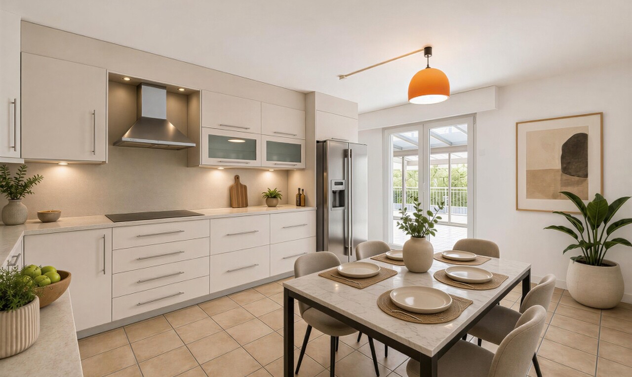 cuisine avec hotte, dark countertops, plans de travail, dosseret, et backsplash