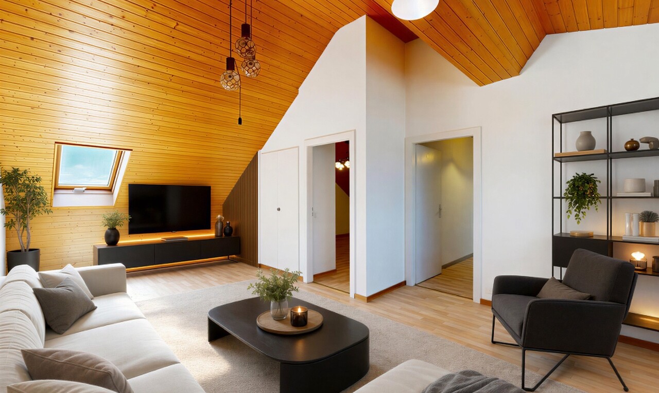 pièce vide avec wood wall, mur en bois, wood finish floor, sol en finition bois, et high ceiling