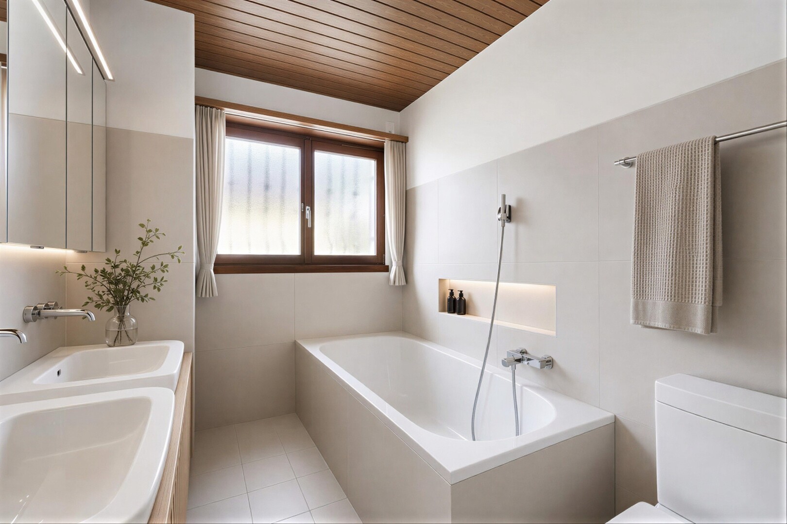 bathroom with a garden tub, wood ceiling, and tile walls