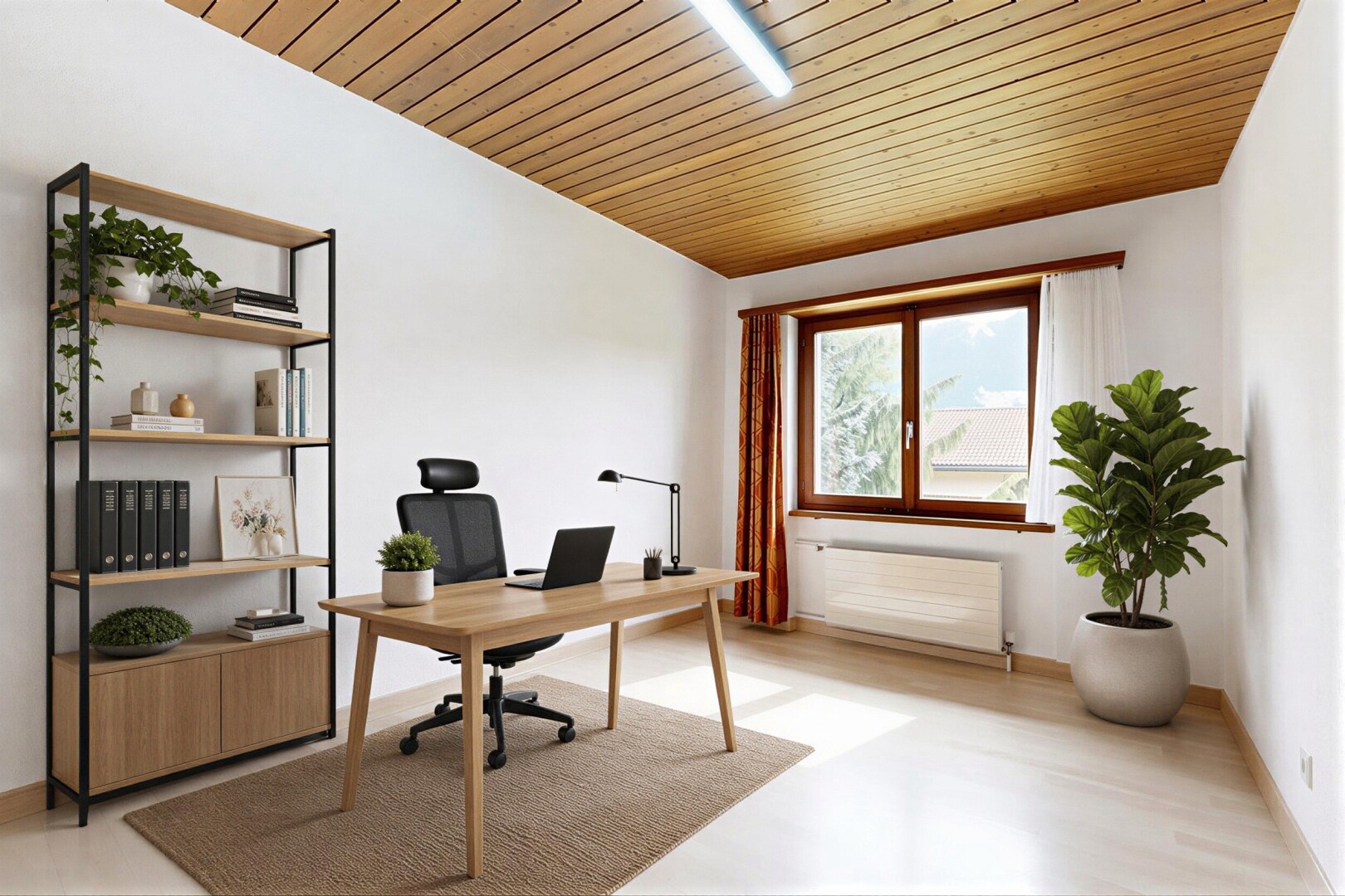 room / bedroom featuring an office area and wooden ceiling