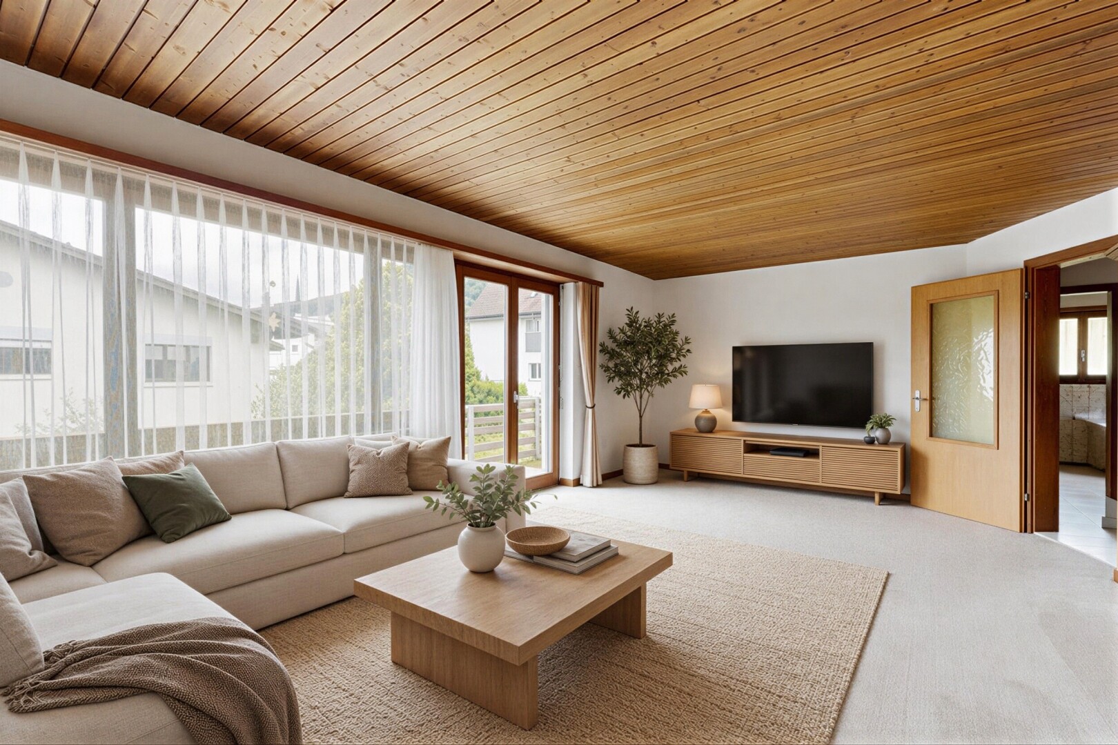 living area with wood ceiling and carpet flooring