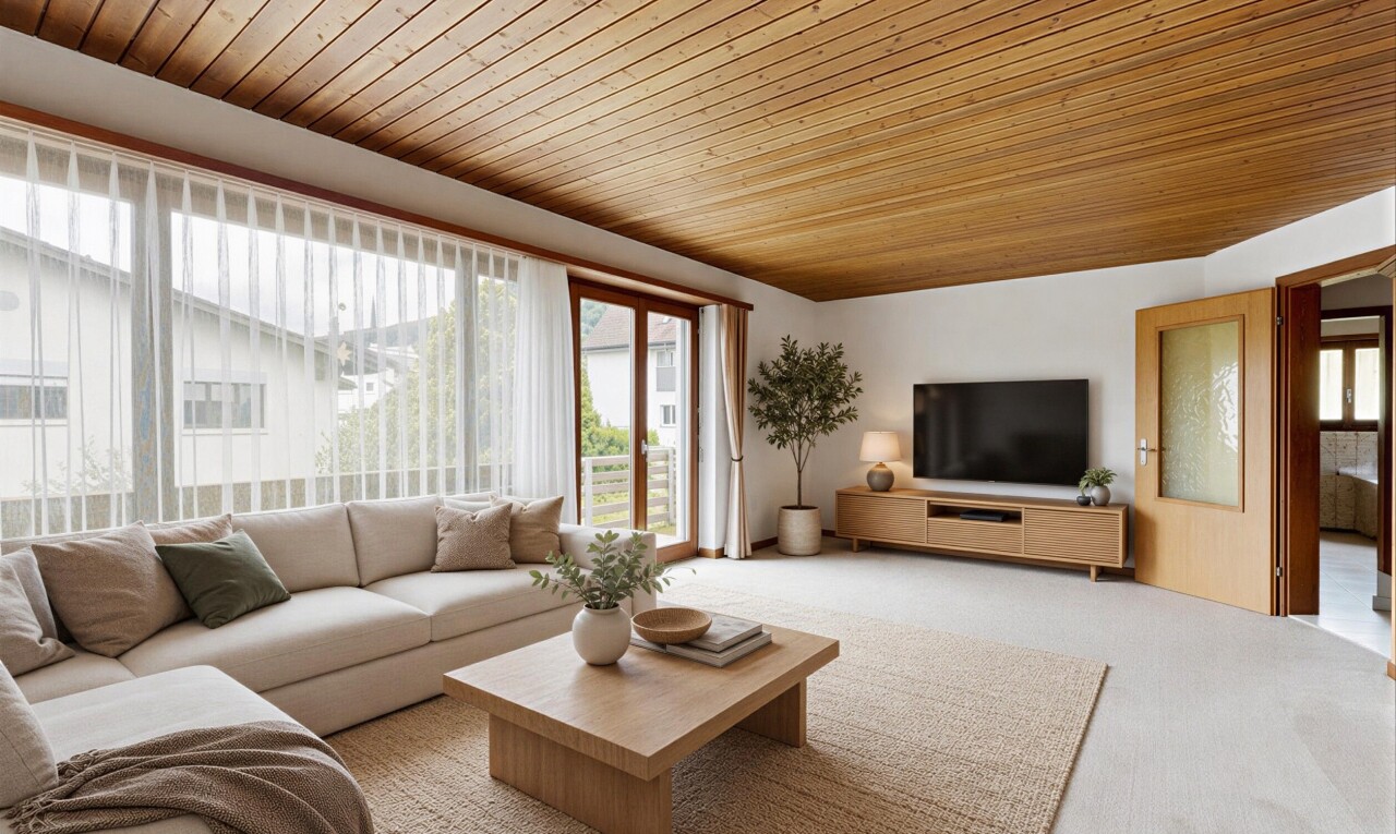 living area with wood ceiling and carpet flooring