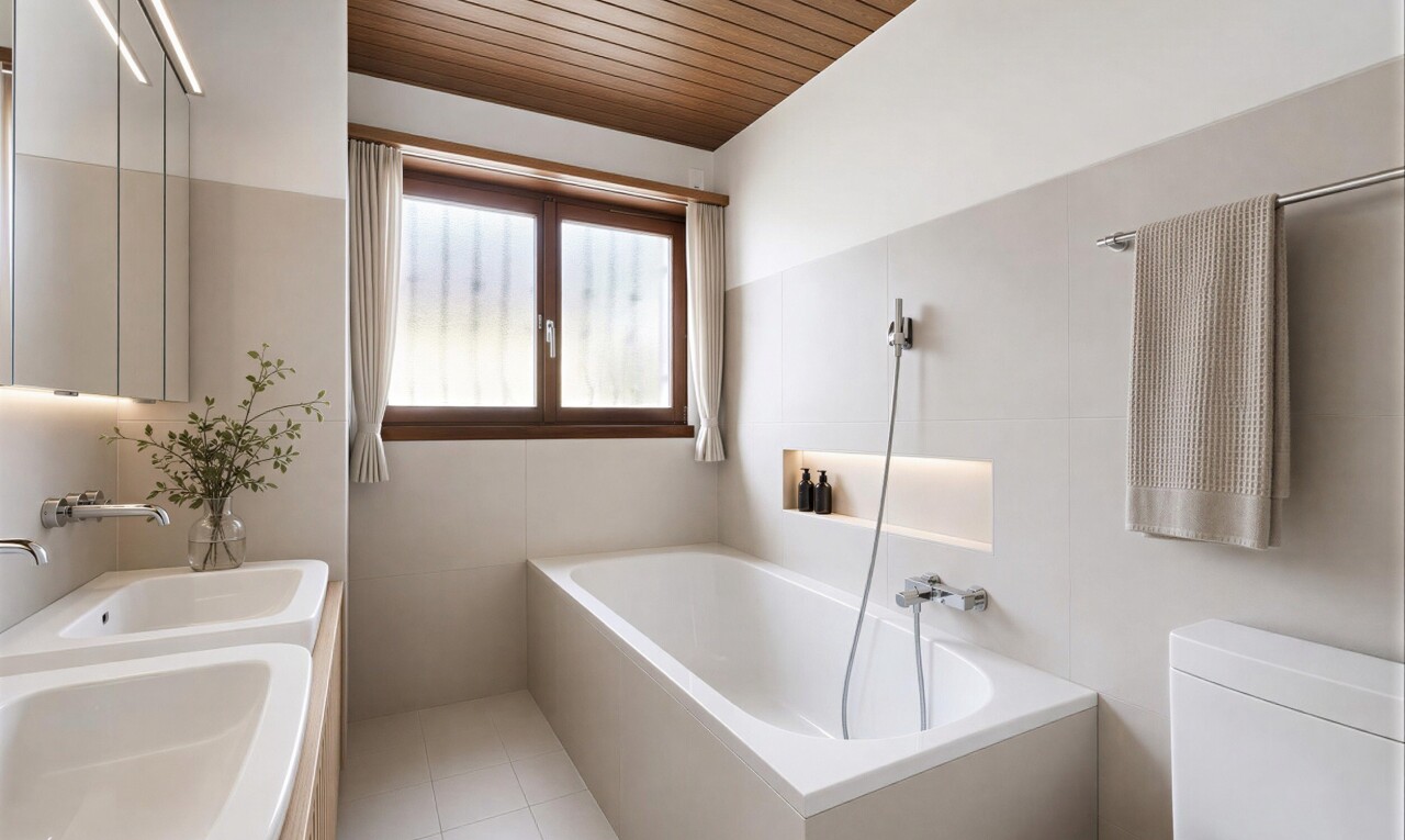 bathroom with a garden tub, wood ceiling, and tile walls