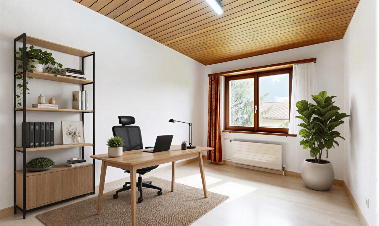 room / bedroom featuring an office area and wooden ceiling