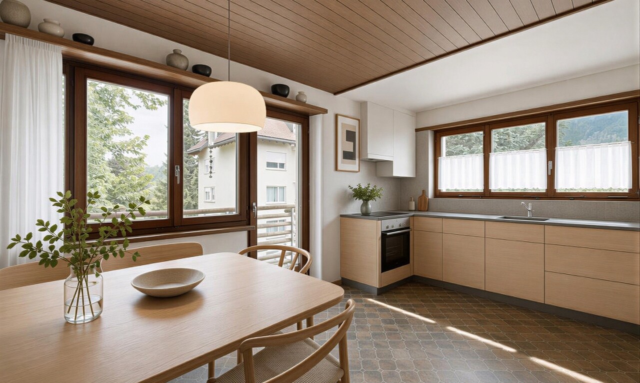 kitchen featuring wooden ceiling, tasteful backsplash, oven, pendant lighting, and light countertops