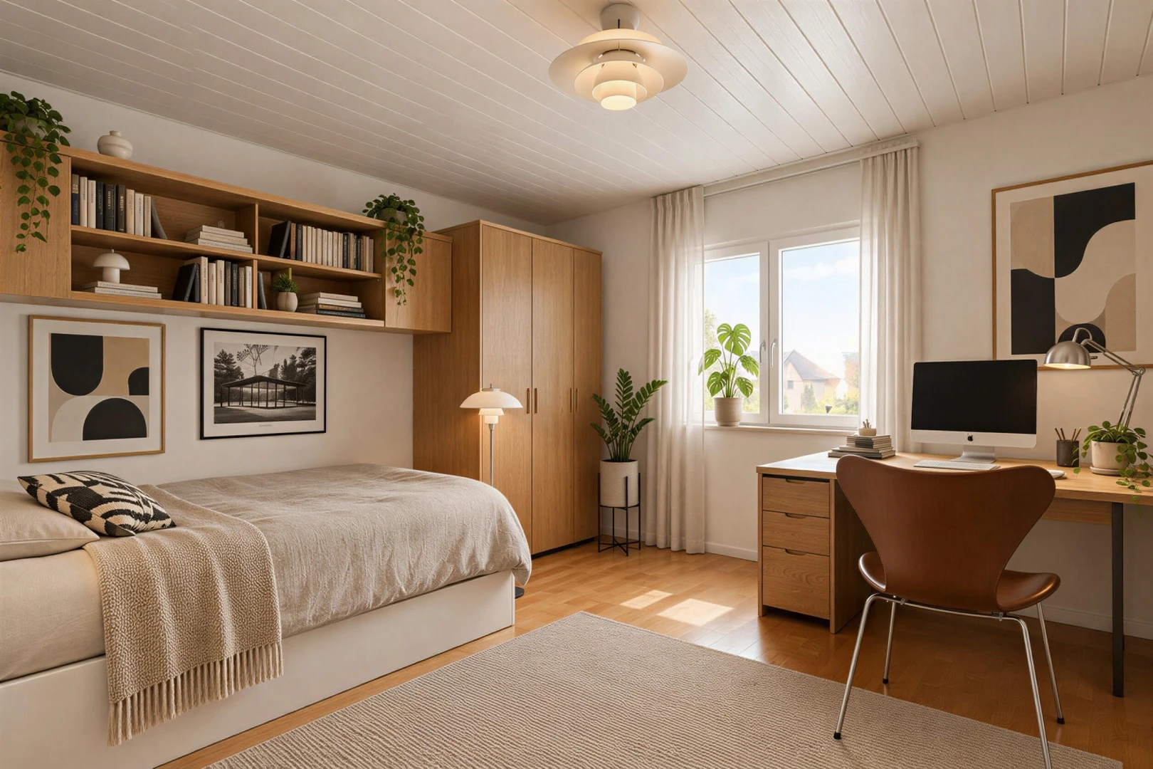 chambre avec télévision, wood finish floor, sol en finition bois, espace bureau, et étagères intégrées