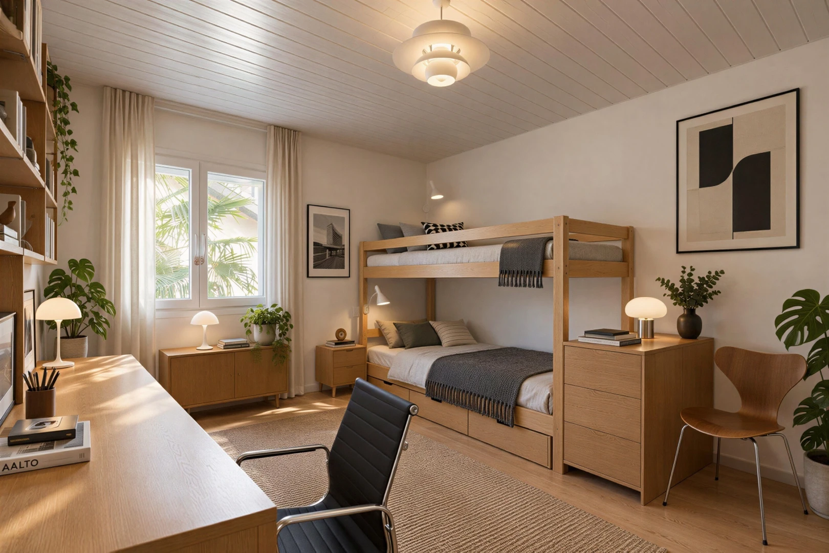 chambre avec espace bureau, wood ceiling, plafond en bois, drywall, et cloison sèche