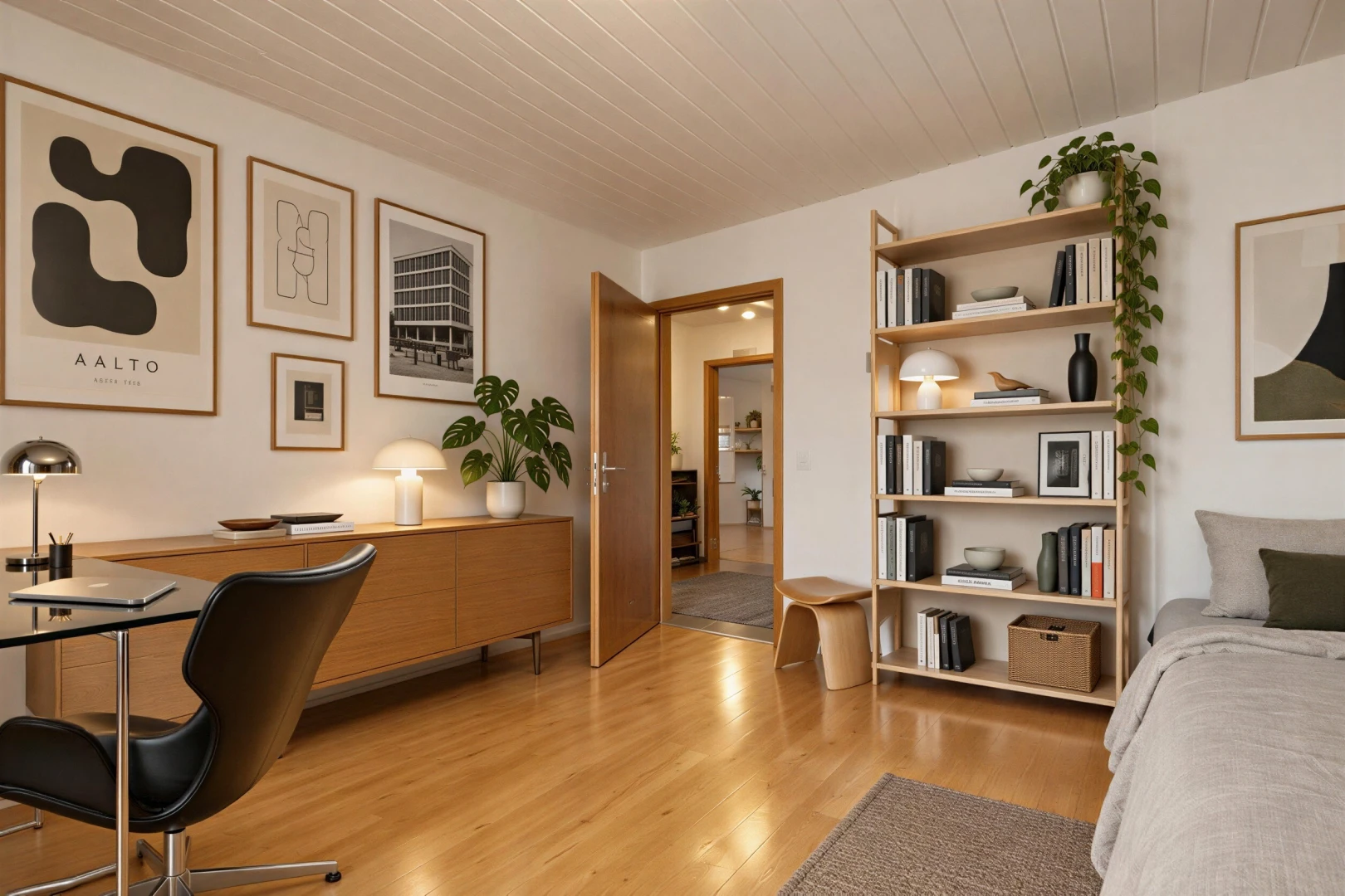 chambre avec wood finish floor, sol en finition bois, wood ceiling, plafond en bois, et inside property
