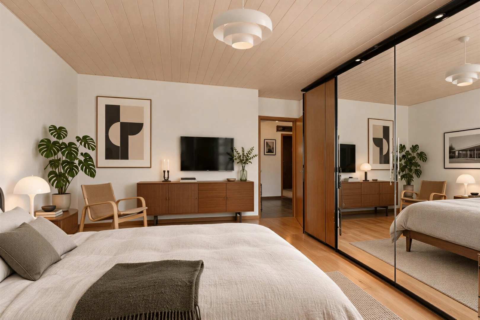 chambre avec drywall, cloison sèche, télévision, placard, et wood finish floor