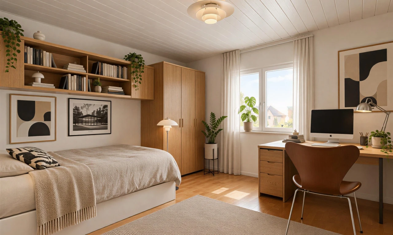 chambre avec télévision, wood finish floor, sol en finition bois, espace bureau, et étagères intégrées