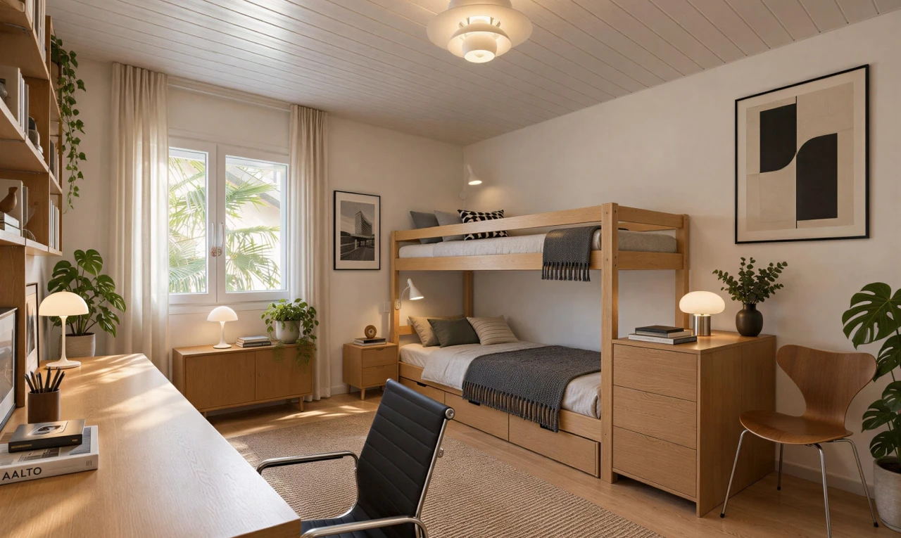 chambre avec espace bureau, wood ceiling, plafond en bois, drywall, et cloison sèche