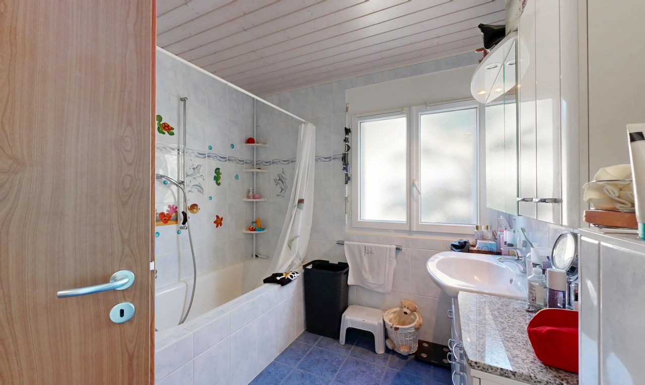 salle de bains avec douche-bain combinés, miroir, lavabo (ou coiffeuse selon le contexte), salle de bain complète, et évier