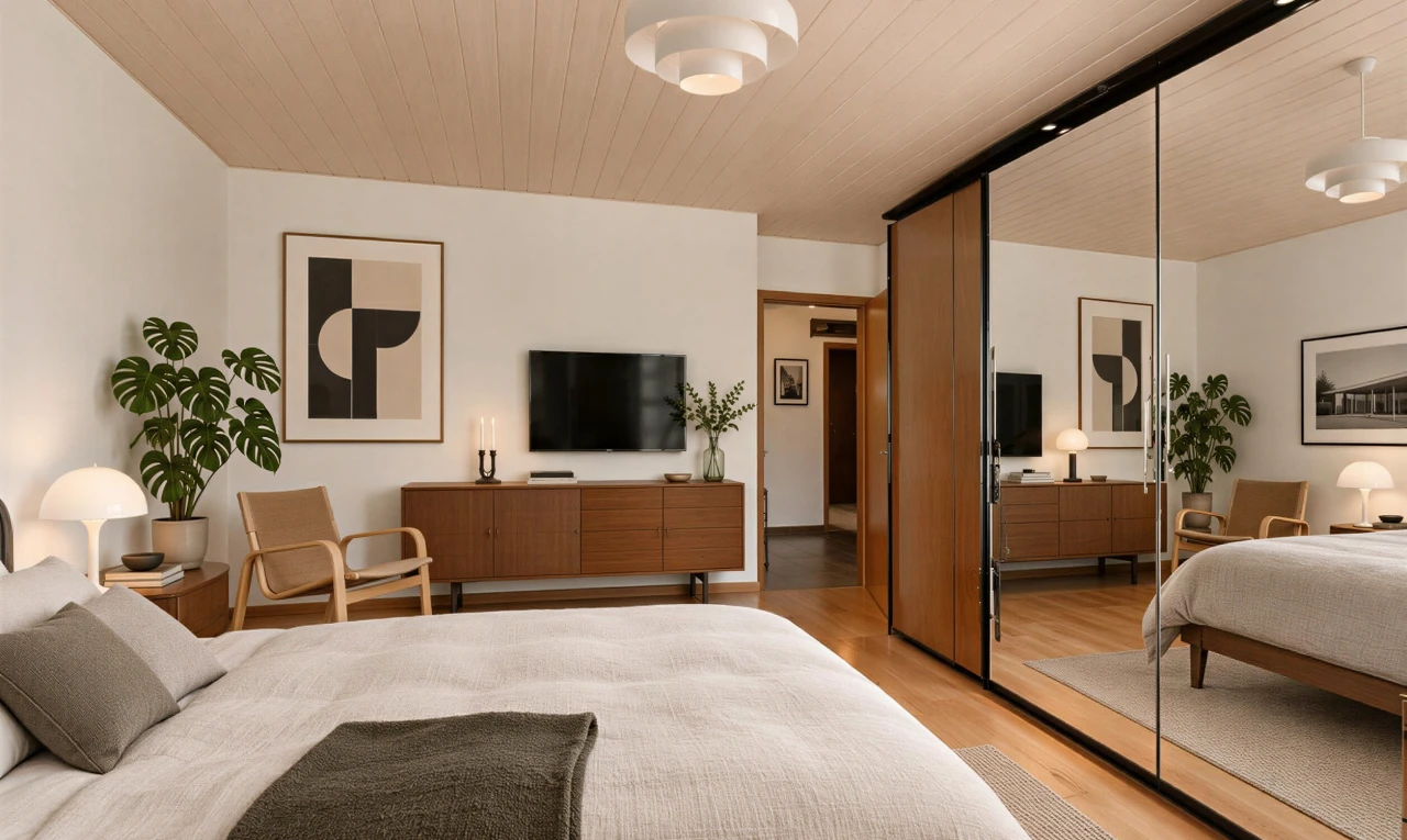 chambre avec drywall, cloison sèche, télévision, placard, et wood finish floor