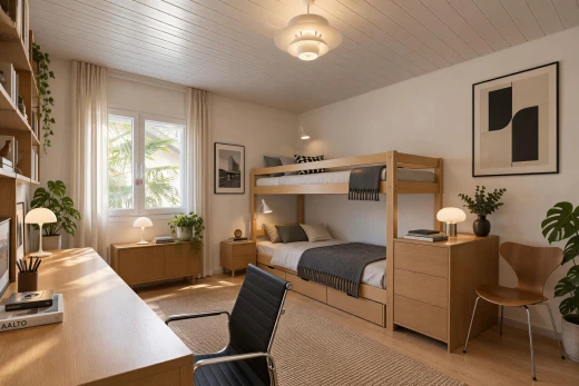 chambre avec espace bureau, wood ceiling, plafond en bois, drywall, et cloison sèche
