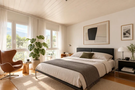 chambre avec lumière naturelle, inside property, wood ceiling, plafond en bois, et wood finish floor