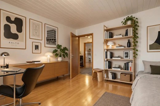 chambre avec wood finish floor, sol en finition bois, wood ceiling, plafond en bois, et inside property