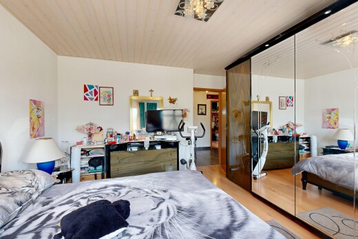 zimmer / schlafzimmer mit drywall, gipskartonwand, fernseher, kleiderschrank, und wood finish floor