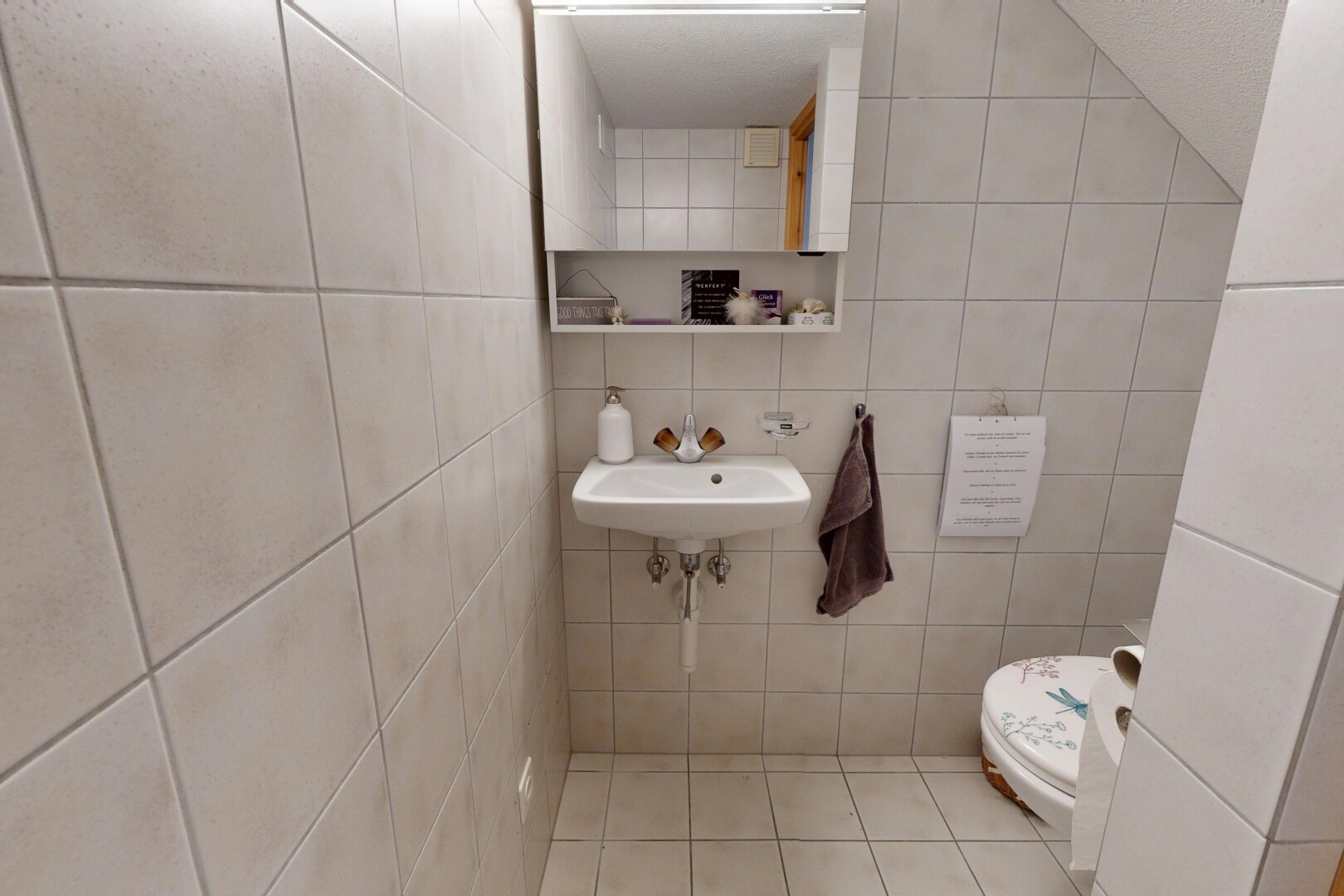bad mit spiegel, fliesenwand, tile wall, gäste-wc, und toilette