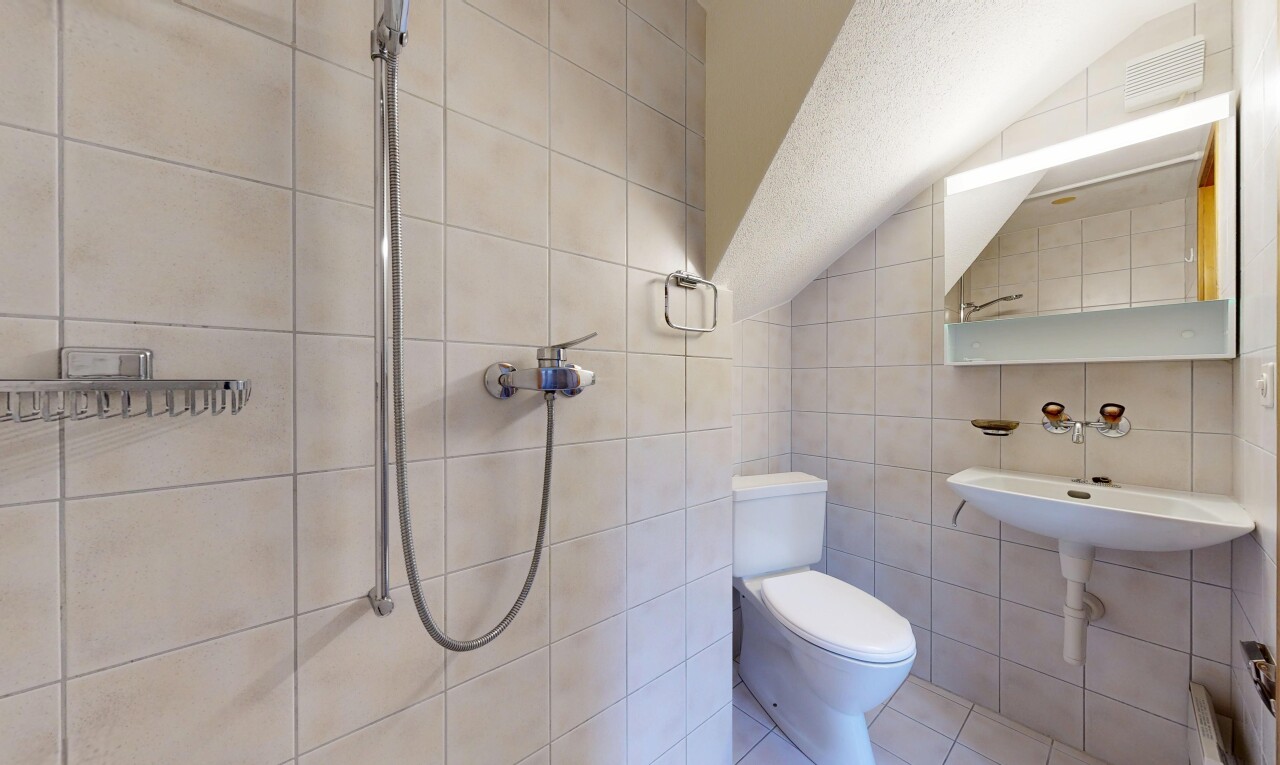 bad mit spiegel, toilette, waschbecken, tile wall, und fliesenwand
