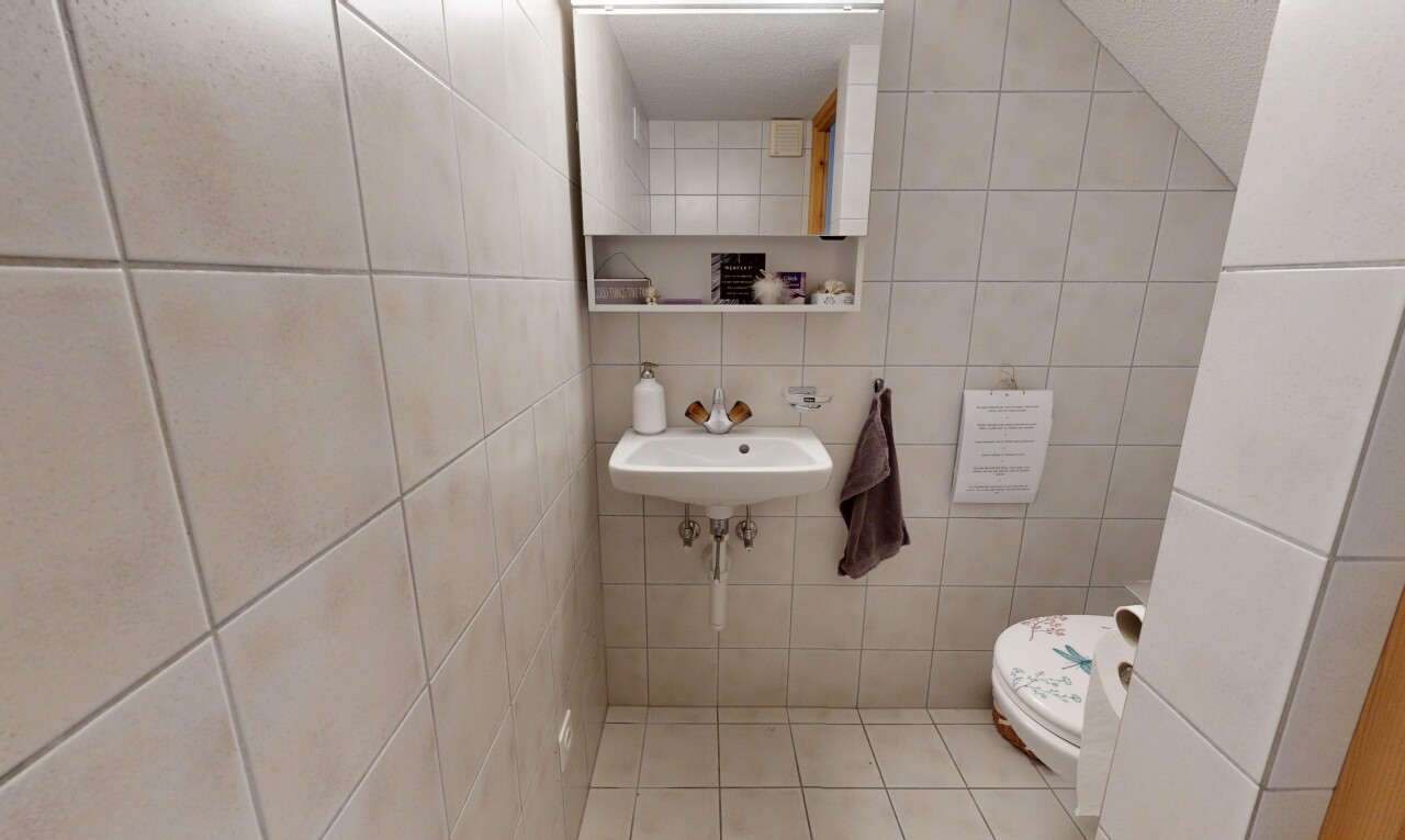 bad mit spiegel, fliesenwand, tile wall, gäste-wc, und toilette