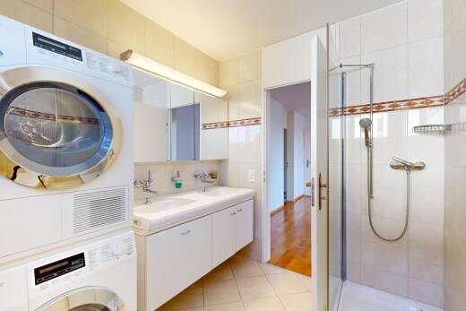 wäschekammer mit wäscherei, light floor, tile floor, fliesenboden, und waschturm