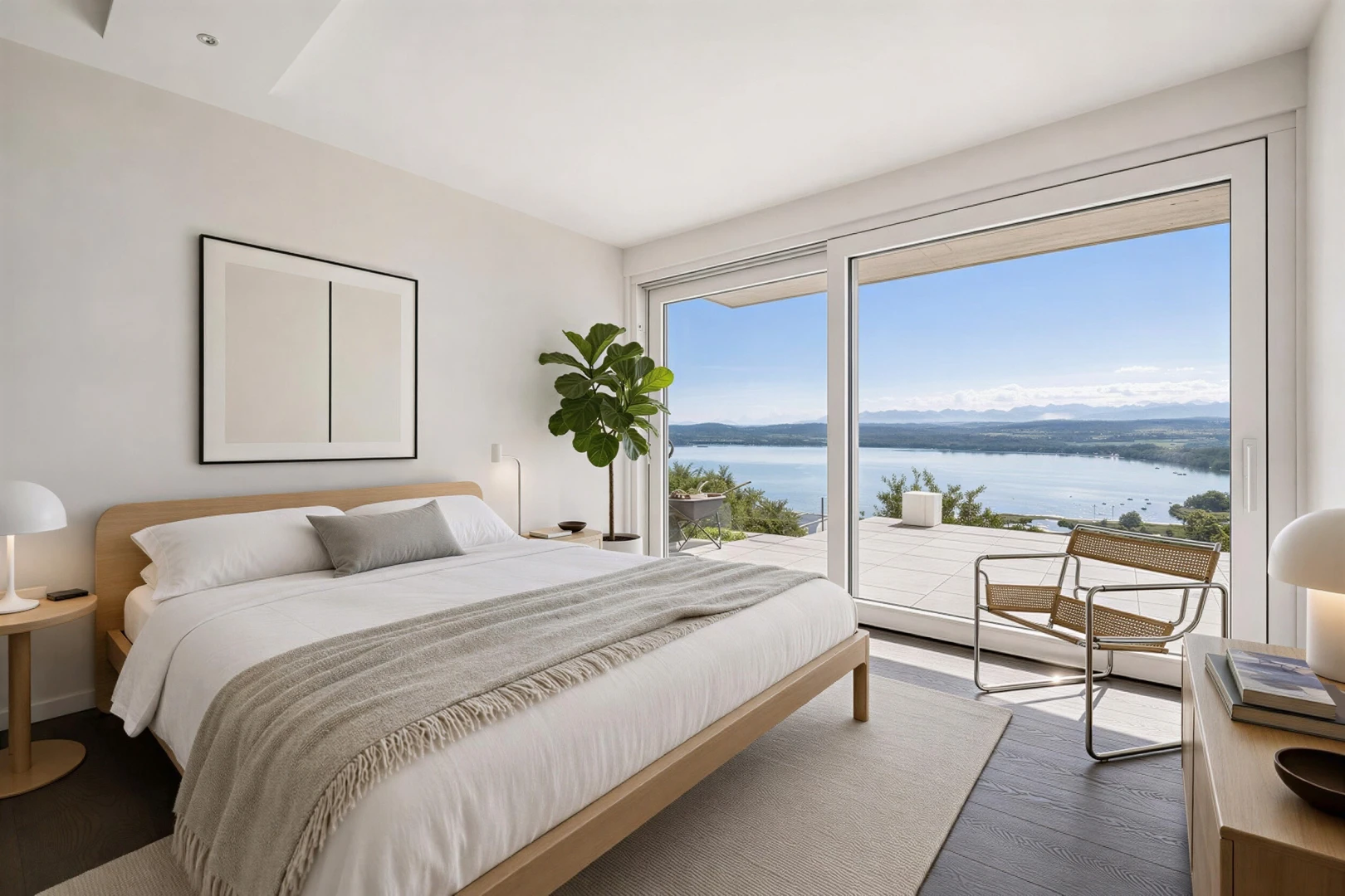 zimmer / schlafzimmer mit water view, seesicht, außenzugang, view focus, und drywall
