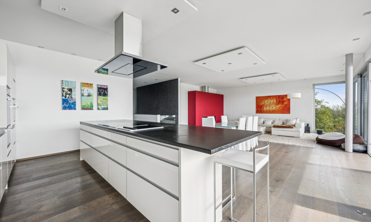küche mit dunstabzugshaube, kitchen bar, küchenbar, flat panel cabinets, und schränke mit flachen paneelen