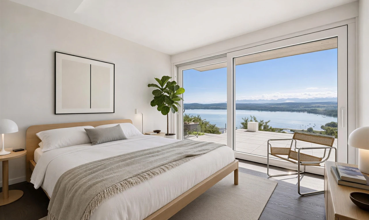 zimmer / schlafzimmer mit water view, seesicht, außenzugang, view focus, und drywall
