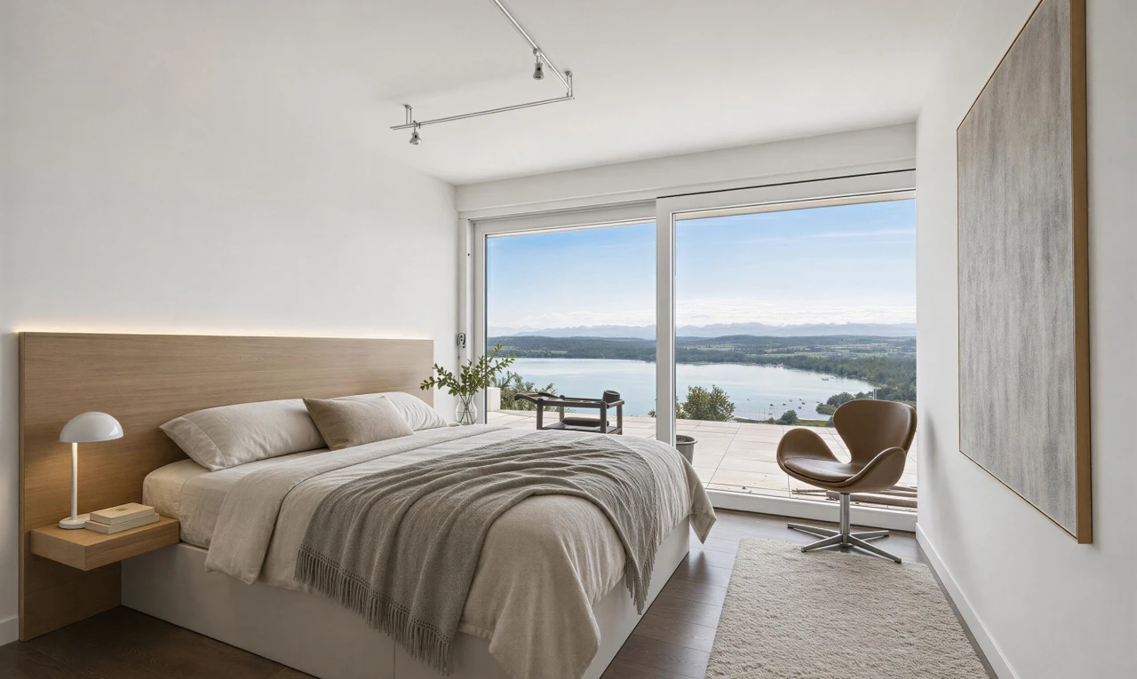 zimmer / schlafzimmer mit water view, seesicht, außenzugang, drywall, und gipskartonwand