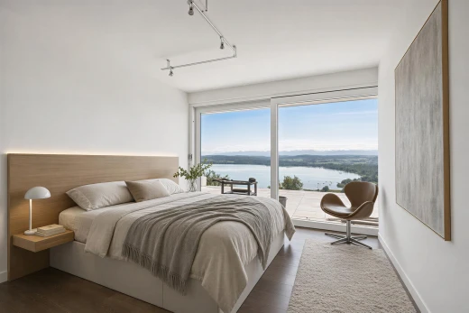 zimmer / schlafzimmer mit water view, seesicht, außenzugang, drywall, und gipskartonwand
