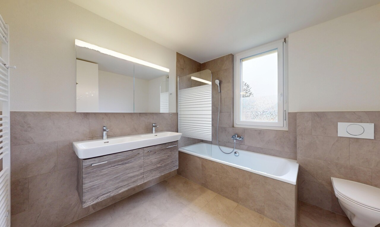 salle de bains avec lumière naturelle, mur en carrelage, douche, et miroir