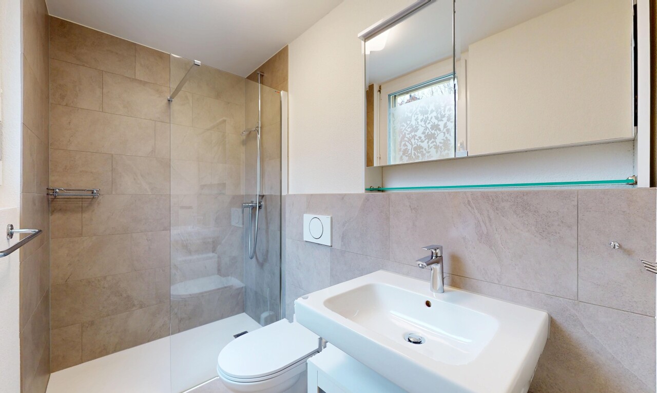 salle de bains avec mur en carrelage, miroir, toilette, évier, et douche