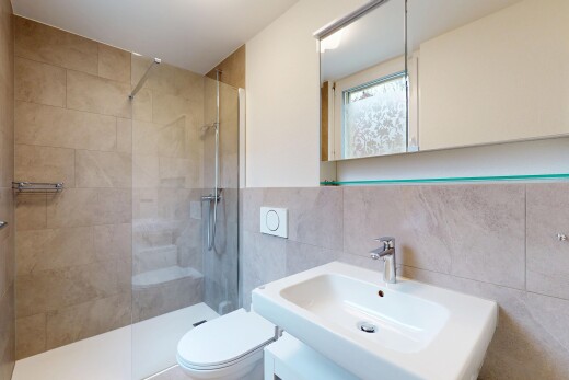 salle de bains avec mur en carrelage, miroir, toilette, évier, et douche