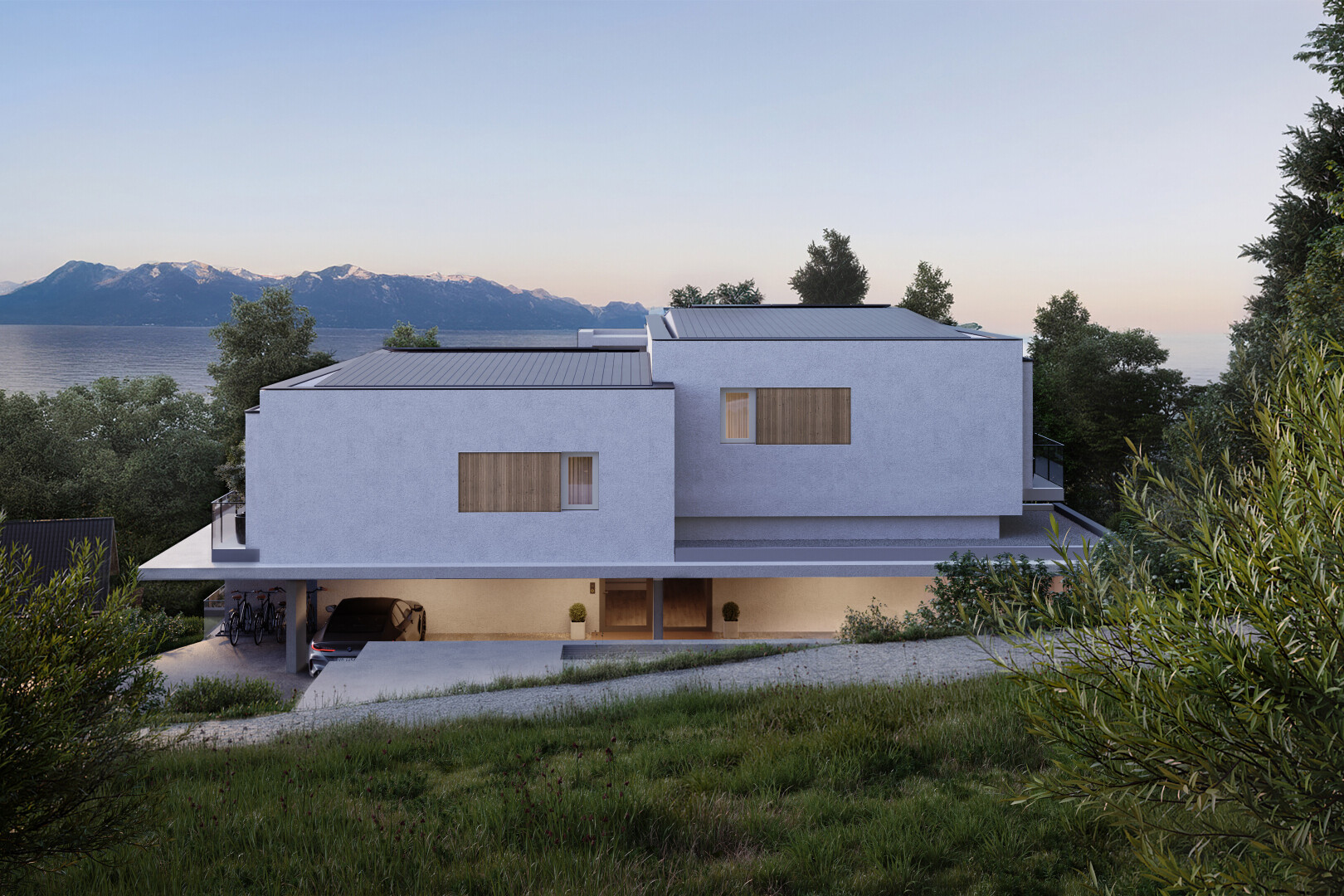 façade avec property visible, dusk, bardage en stuc, et rendered