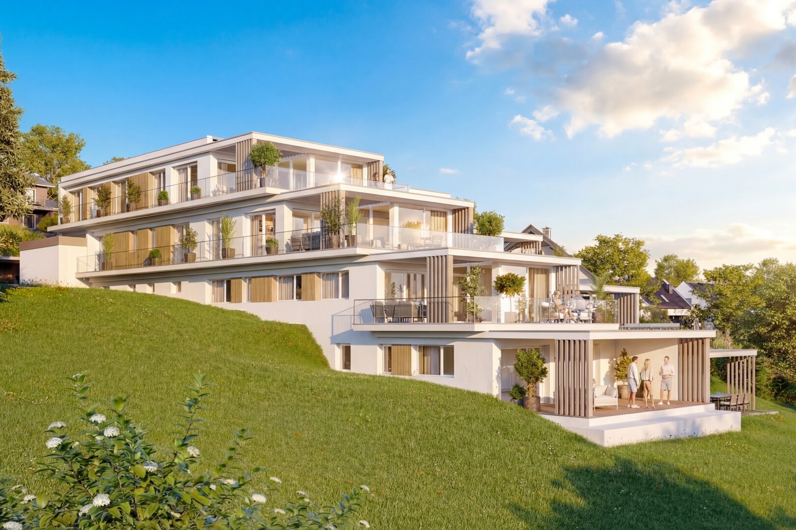 façade avec balcon, pelouse, terrasse, et rendered