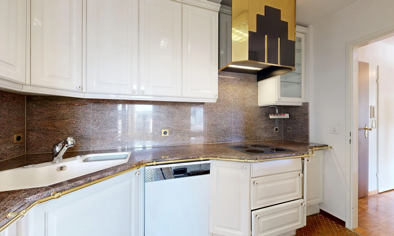 cuisine avec raised cabinets, armoires élevées, dark countertops, lave-vaisselle, et évier