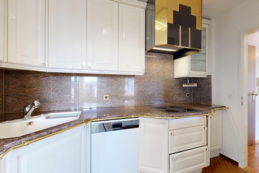 cuisine avec raised cabinets, armoires élevées, dark countertops, lave-vaisselle, et évier