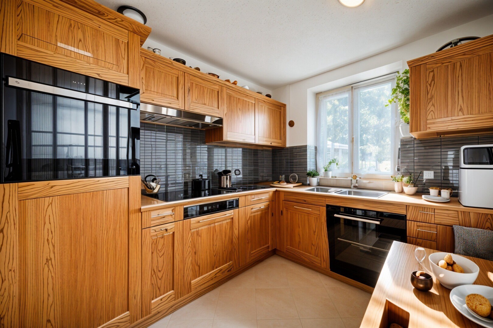 cuisine avec four, dosseret, backsplash, lumière naturelle, et natural light