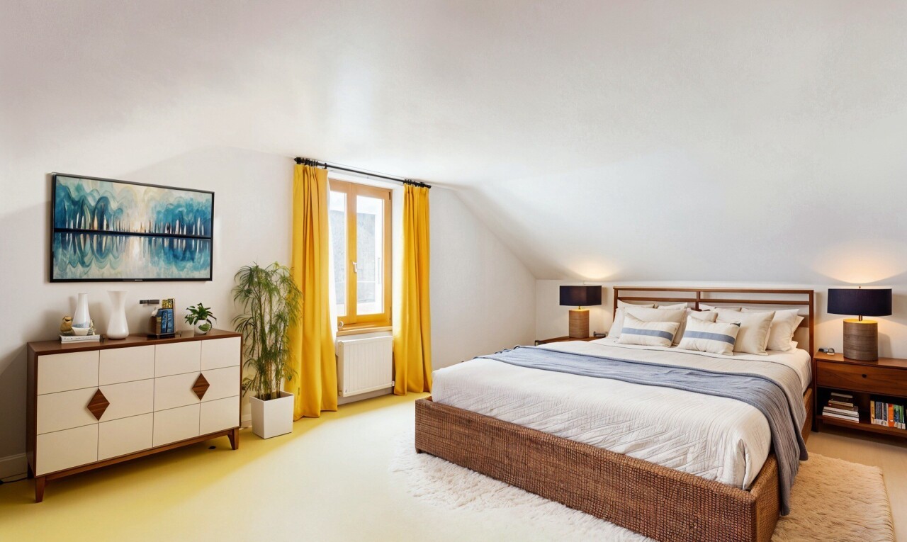 chambre avec pièce supplémentaire, plafond bas, low ceiling, lumière naturelle, et natural light